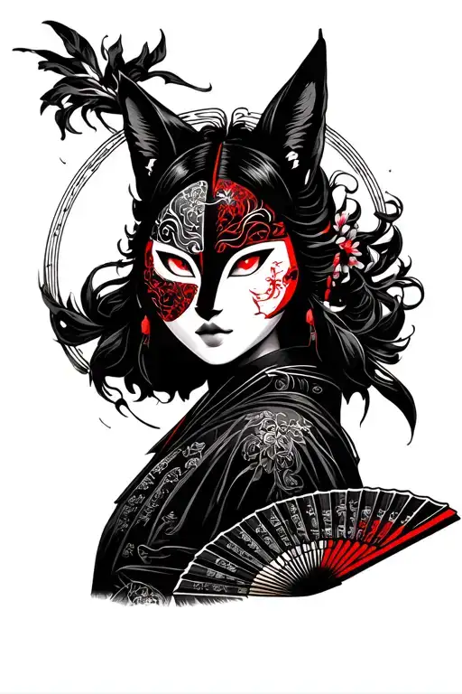 Woman Samurai With Red Eyes And Half Kitsune Mask And Irises On Hand Fan