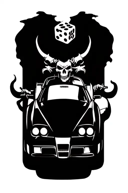 A Tattoo Design Featuring A Racing Scene With A Skull And Dice Motif And Devil