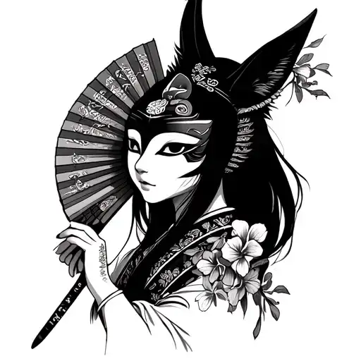 Japanese Samurai Woman Wearing A Kitsune Mask And Holding A Fan With Irises Flowers