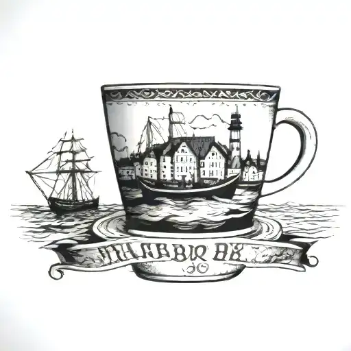A Coffee Cup With A Harbor Scene Inside It And The Logo