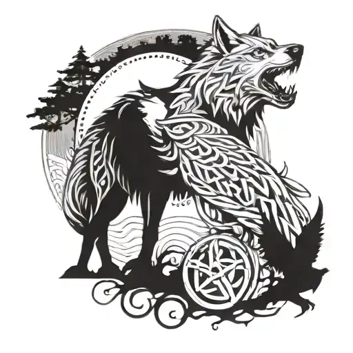 Outdoor Scene With A Celtic Wolf Representing Loyalty And A Nordic Raven Symbolizing Wisdom