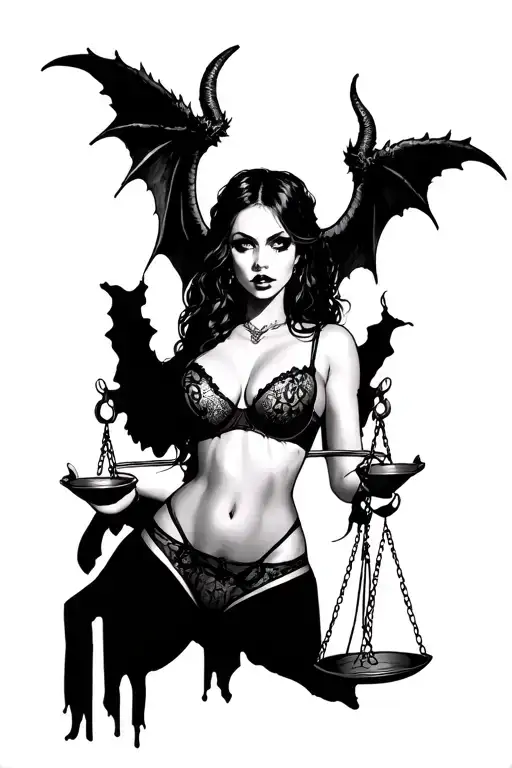 Scary Girl In Sexy Lingerie With Demon Wings Holds Scales Of Justice