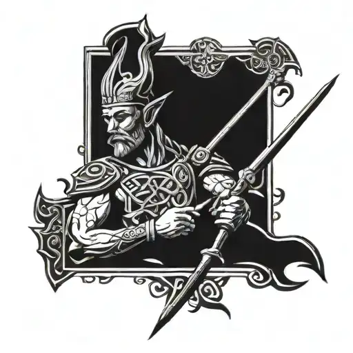 Celtic God Goibniu With His Weapons And Celtic Knots