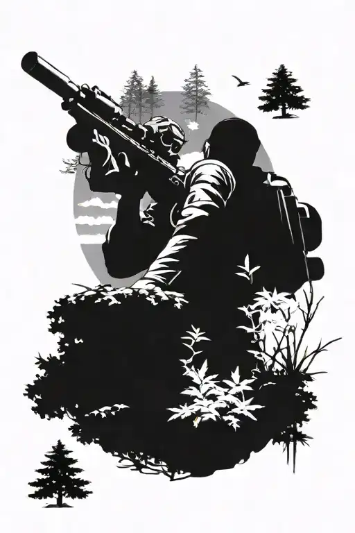Sniper Against The Background Of Forest And Sky