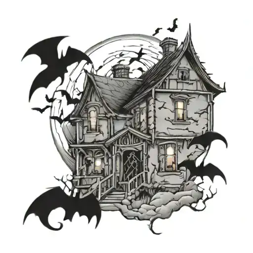 A Haunted House With A Full Moon And Bats Flying Around It