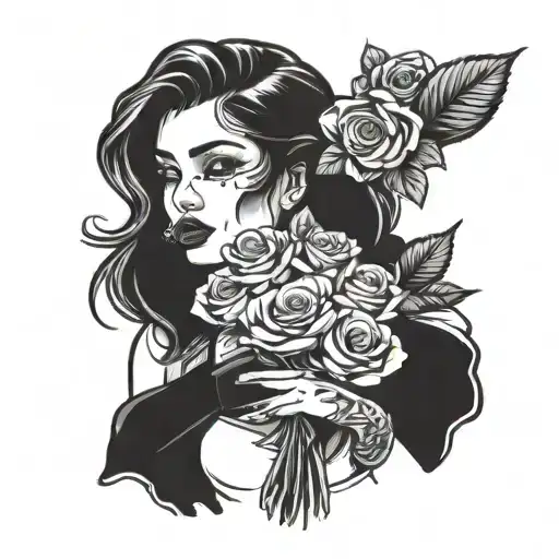 A Female Gangster Holding A Bouquet Of Roses And Money Bags