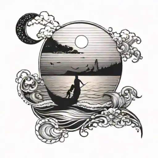 Crescent Moon And Calm Ocean With People On The Beach And In The Water