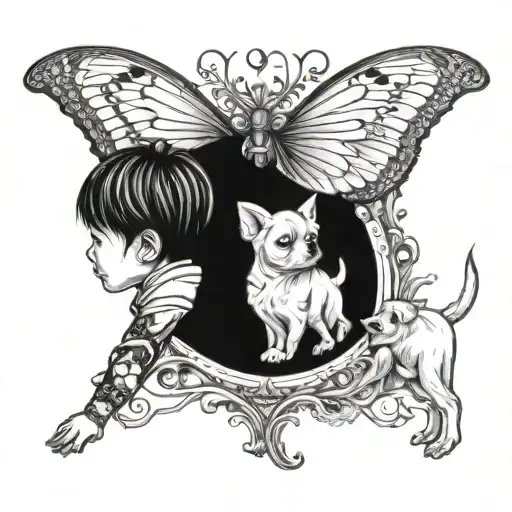 Buterfly Half Wing Half 2 Kids Playing With A Dog