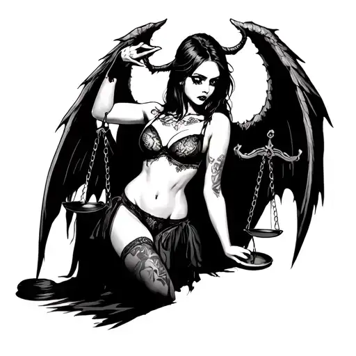 Scary Girl In Sexy Lingerie With Demon Wings Holds Scales Of Justice