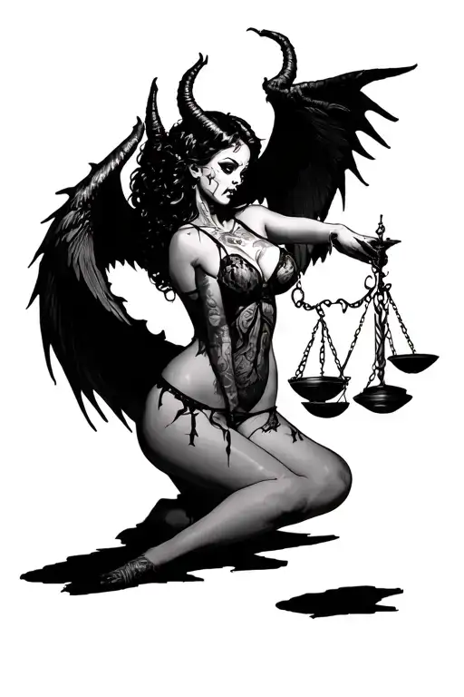Scary Girl In Sexy Lingerie With Demon Wings Holds Scales Of Justice