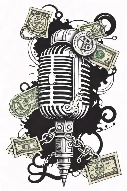A Tattoo Design Of A Microphone Intertwined With Money Symbols And Car Parts