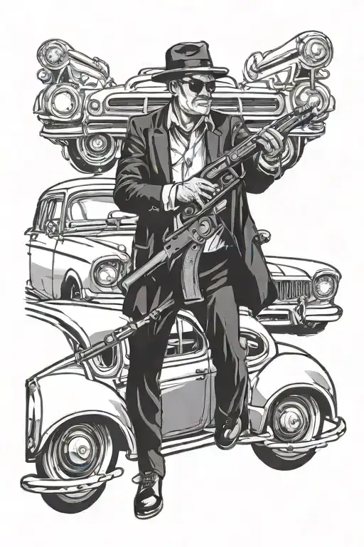 Design A Tattoo Of A Vintage Car With A Gangster Holding A Gun Leaning Against It