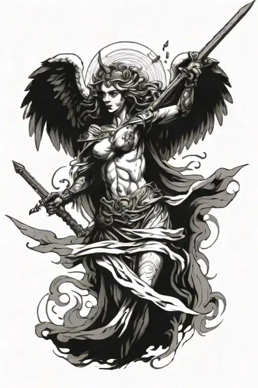 An Angel With A Spear With A Tainted Glass On The Backgroud