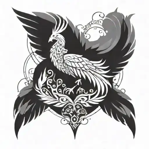 A Phoenix Rising From The Ashes With Intricate Geometric Patterns Incorporated Into Its Feathers