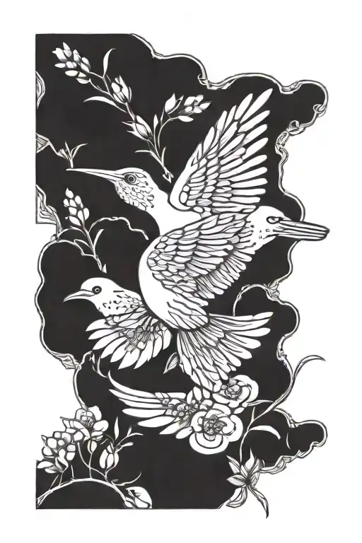 Bird Flying With Lavender Flower Blooming