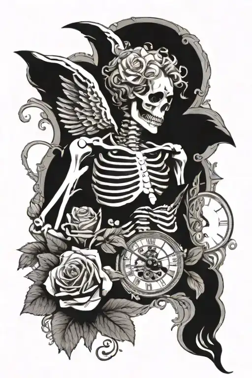 A Skeleton Angel Holding A Rose With A Clock Embedded In Its Chest