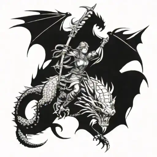 Medieval Girl Warrior Riding A Dragon Into Battle