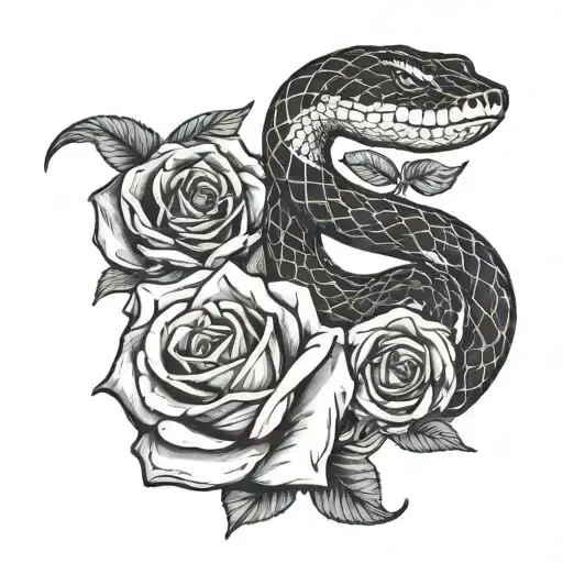 Snake Surrounding Two Roses With Ornamental Details