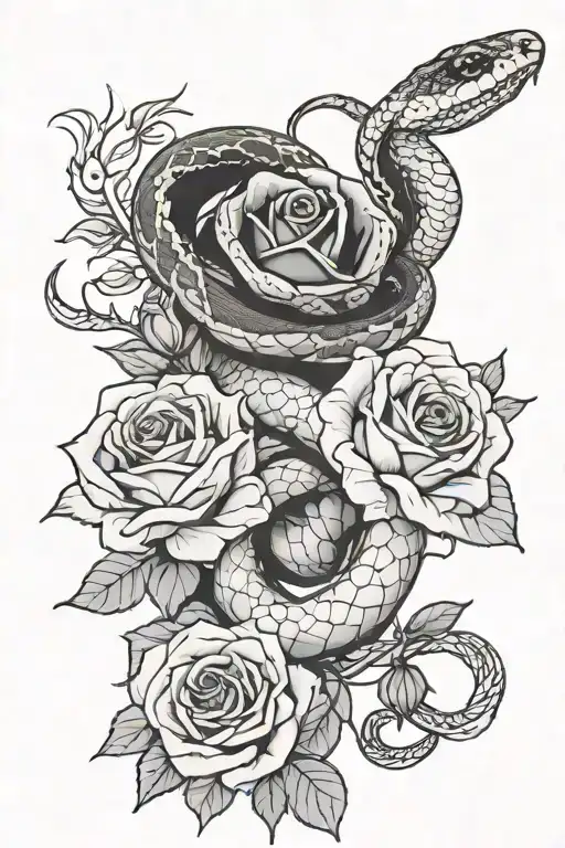 Snake Surrounding Two Roses With Ornamental Details