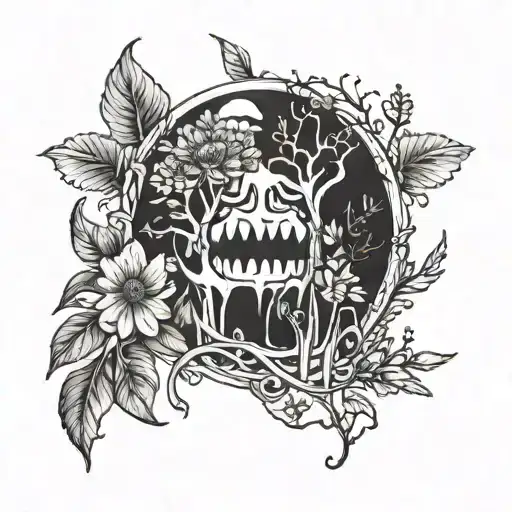 A Dental-themed Tattoo Incorporating Elements Of Nature Like Trees And Flowers