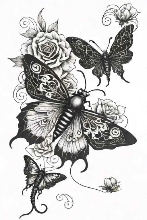 Gothic Insect And Flower Flowing With Beautiful Wings And Graceful