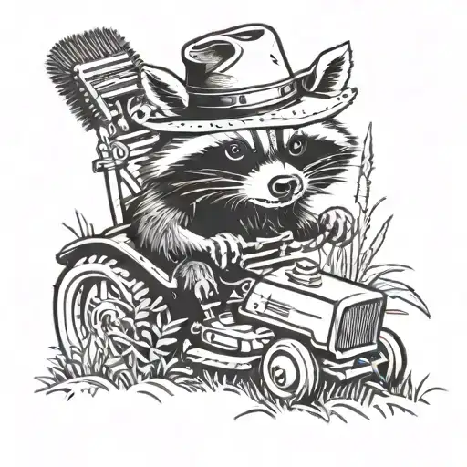 Racoon Pushing A Lawnmower In A Cowboy Hat