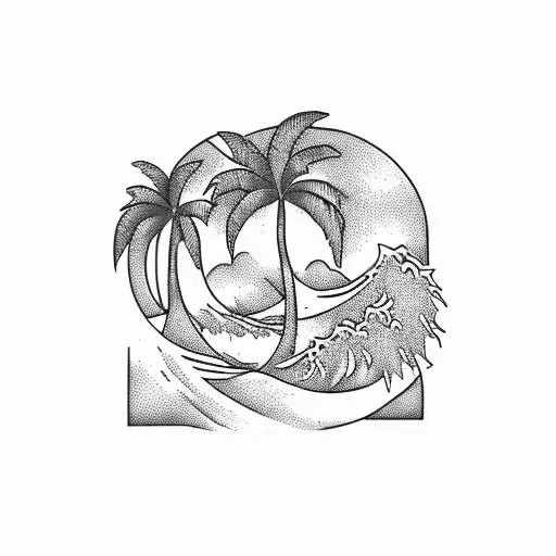 Wave And Palm Tree Tattoo
