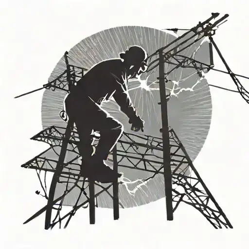 A Silhouette Of A Lineman Working On Power Lines With Lightning Bolts In The Background