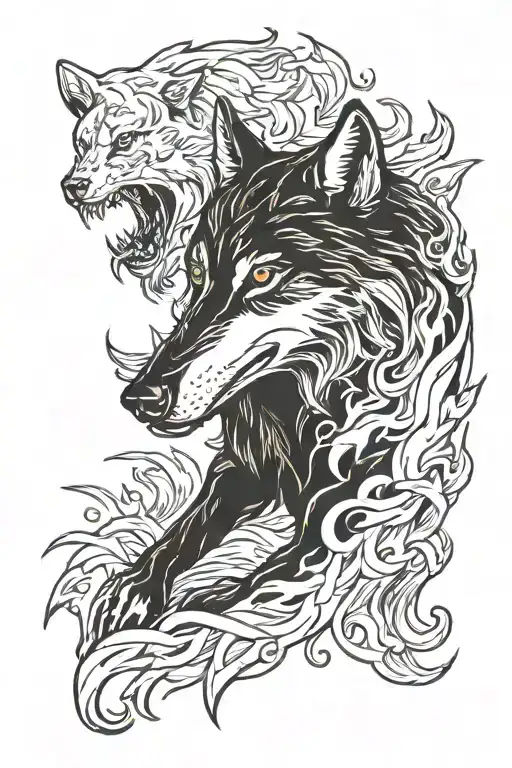Black Wolf White Red Fire