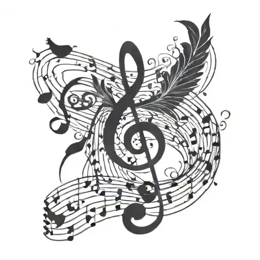 An Intricate Blackwork Tattoo Of A Music Staff With Birds Perched On The Notes