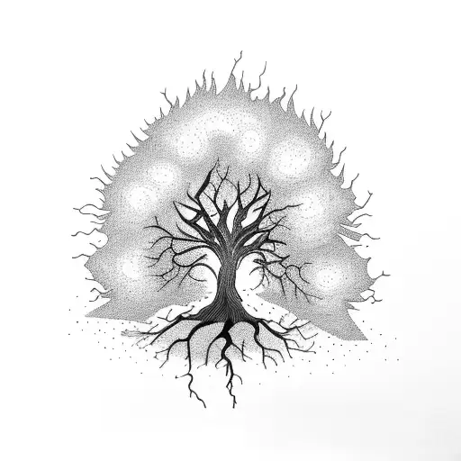 Tree On Fire With Lightning Hitting It