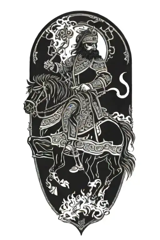 Persian Soldier Riding Black Horse Out Of Fire Coming