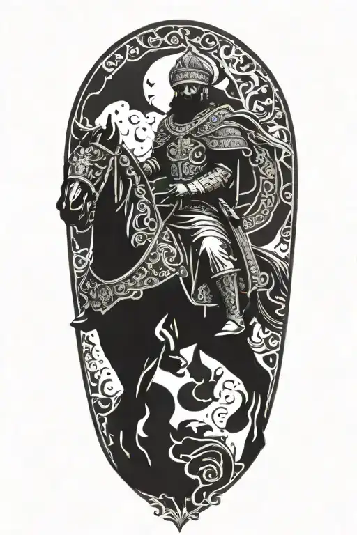 Persian Soldier Riding Black Horse Out Of Fire Coming