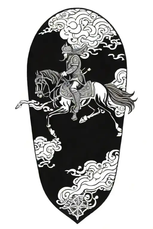 Persian Soldier Riding Black Horse Out Of Fire Coming