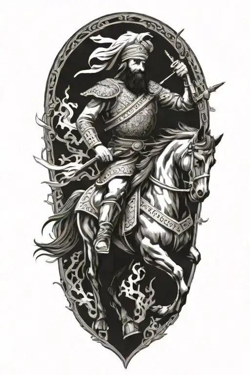 Persian Soldier Riding Black Horse Out Of Fire Coming