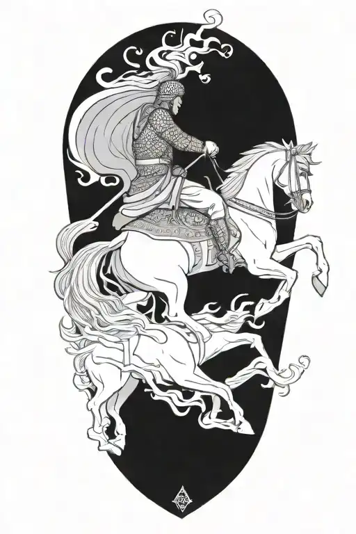 Persian Soldier Riding Black Horse Out Of Fire Coming