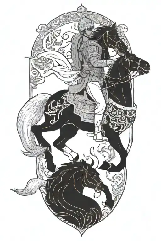 Persian Soldier Riding Black Horse Out Of Fire Coming