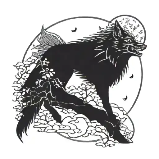 Angry Wolf Howling At The Moon And Cardinal Bird