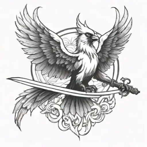 Flaming Cardinal Like A Phoenix Rising With Wings And Sword