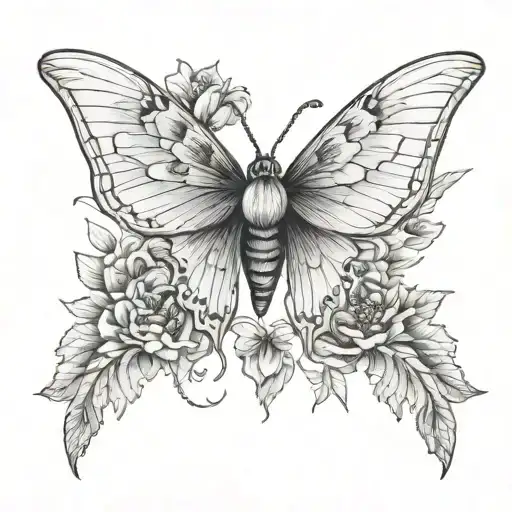 Moth Neck Tattoo With Poppy And Follage