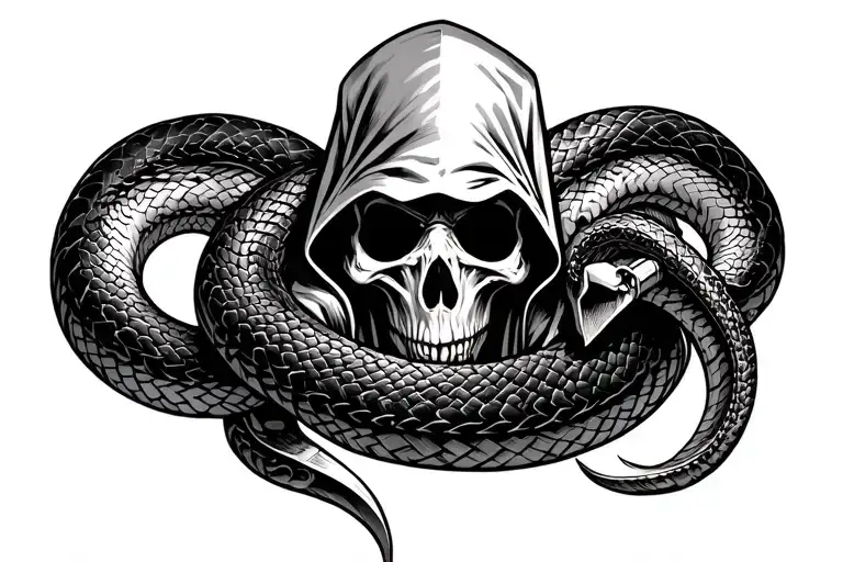 Hooded Grim Reaper Holding Scyth Snake Wrapping Itself