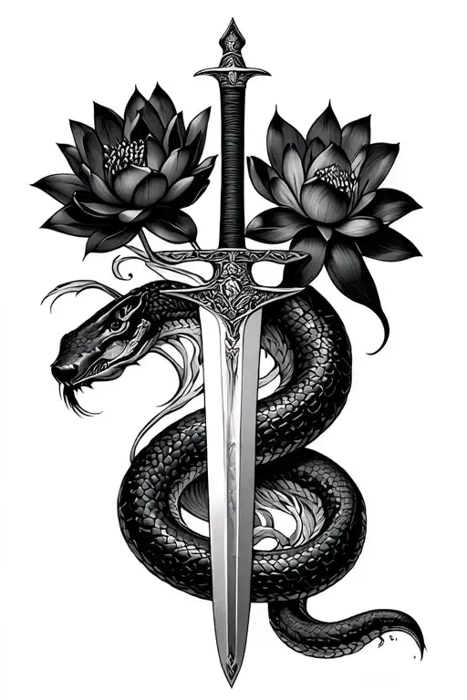 A Sword Going Down With An Anaconda Around It And A Black Lotus Flower In It
