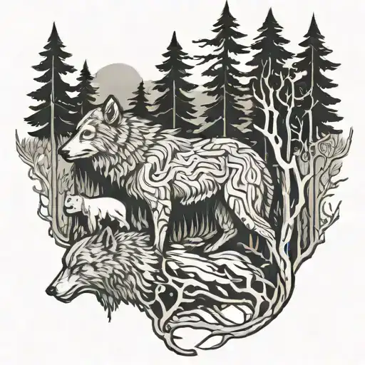 Wolf And Bear And Forest Filled