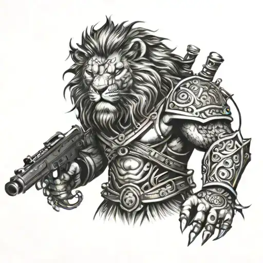 A Lion Warrior Holding A Gun In A Fierce Battle Stance