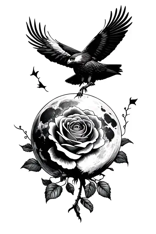 A Moon With A Hawk Flying Beneath It In The Wind With A Rose
