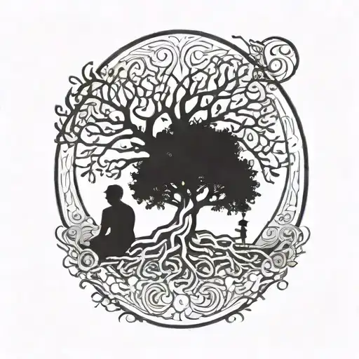 Tree Of Life Without Leaves And A Silhouette Of A Man Sitting Under The Tree