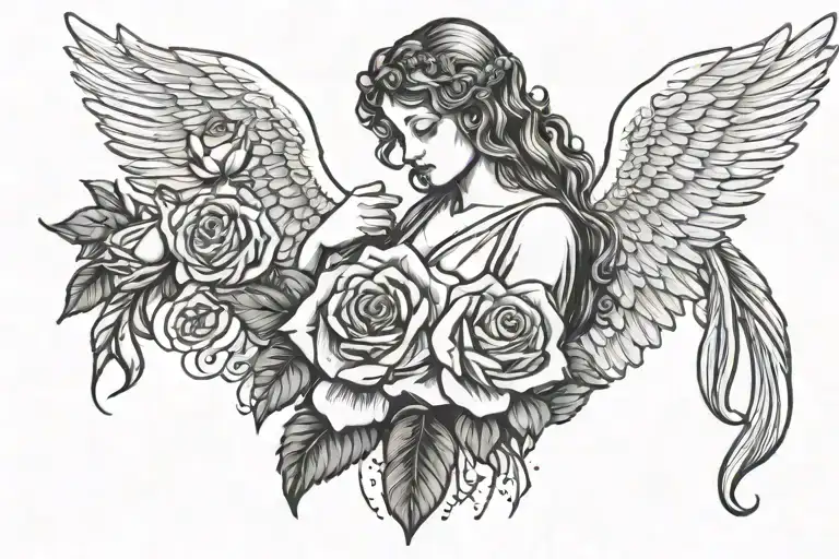Rainbow Behind An Angel Holding A Rose