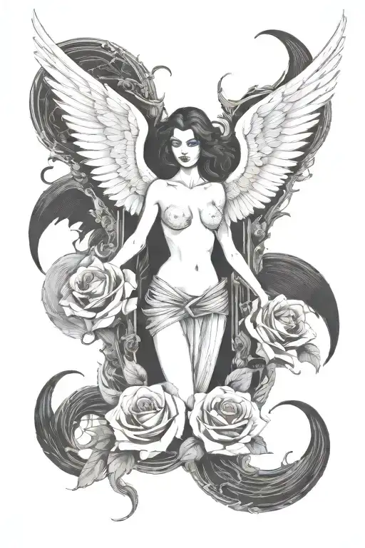 Dimensional Door With A Woman With Demon Wings Who Is Giving A Rose To Death