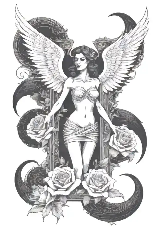 Dimensional Door With A Woman With Demon Wings Who Is Giving A Rose To Death