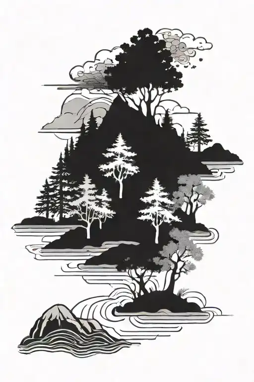 Landscape Tattoo Featuring Trees River Flowing Mountain